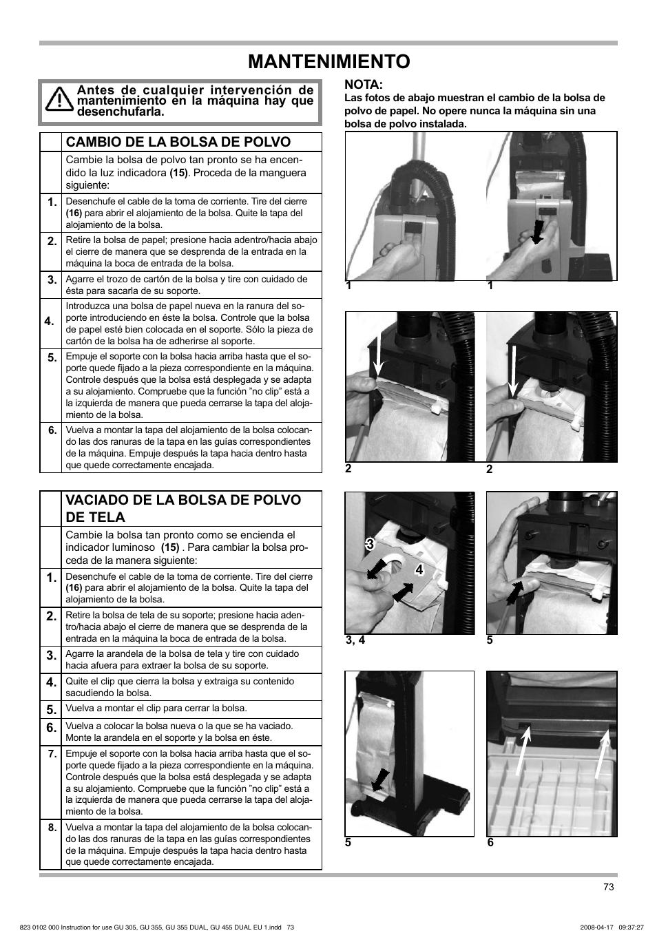 Mantenimiento, Cambio de la bolsa de polvo, Vaciado de la bolsa de polvo de tela | Nilfisk-Advance America GU 15 SMU User Manual | Page 73 / 92