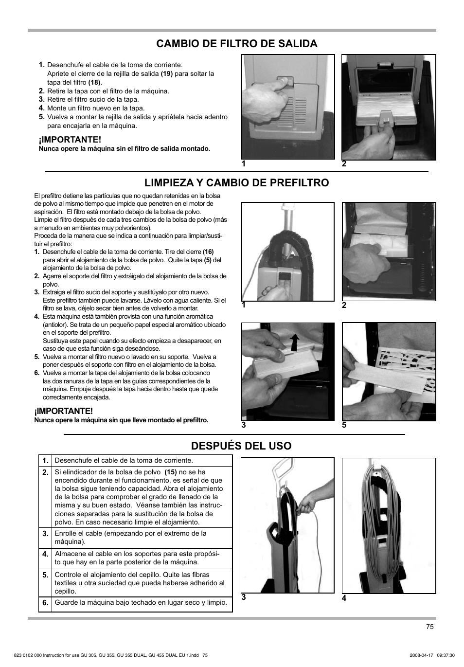 Cambio de filtro de salida, Limpieza y cambio de prefiltro después del uso | Nilfisk-Advance America GU 15 SMU User Manual | Page 75 / 92