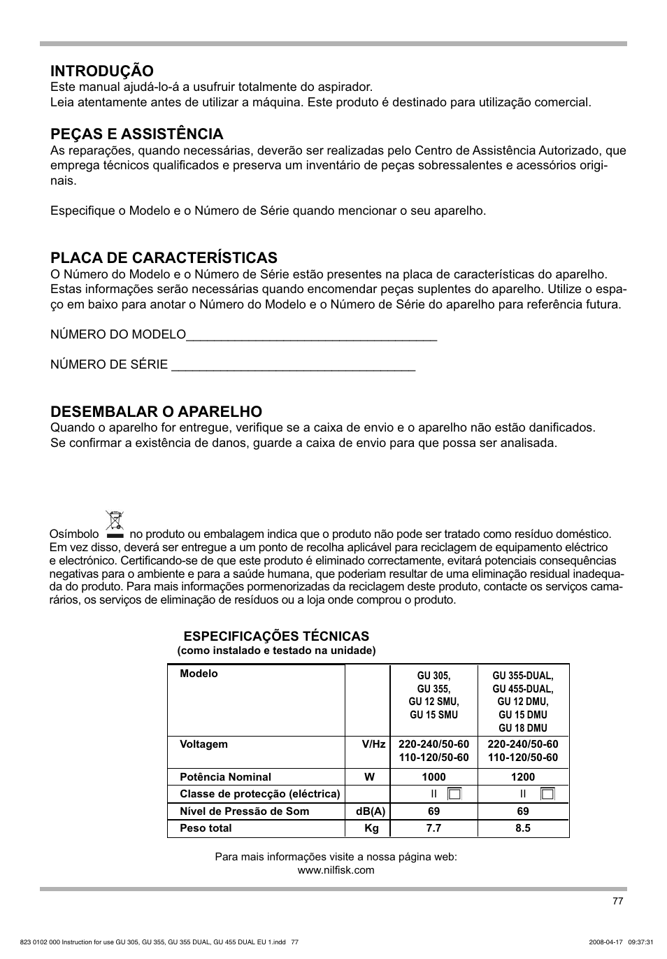 Introdução, Peças e assistência, Placa de características | Desembalar o aparelho | Nilfisk-Advance America GU 15 SMU User Manual | Page 77 / 92