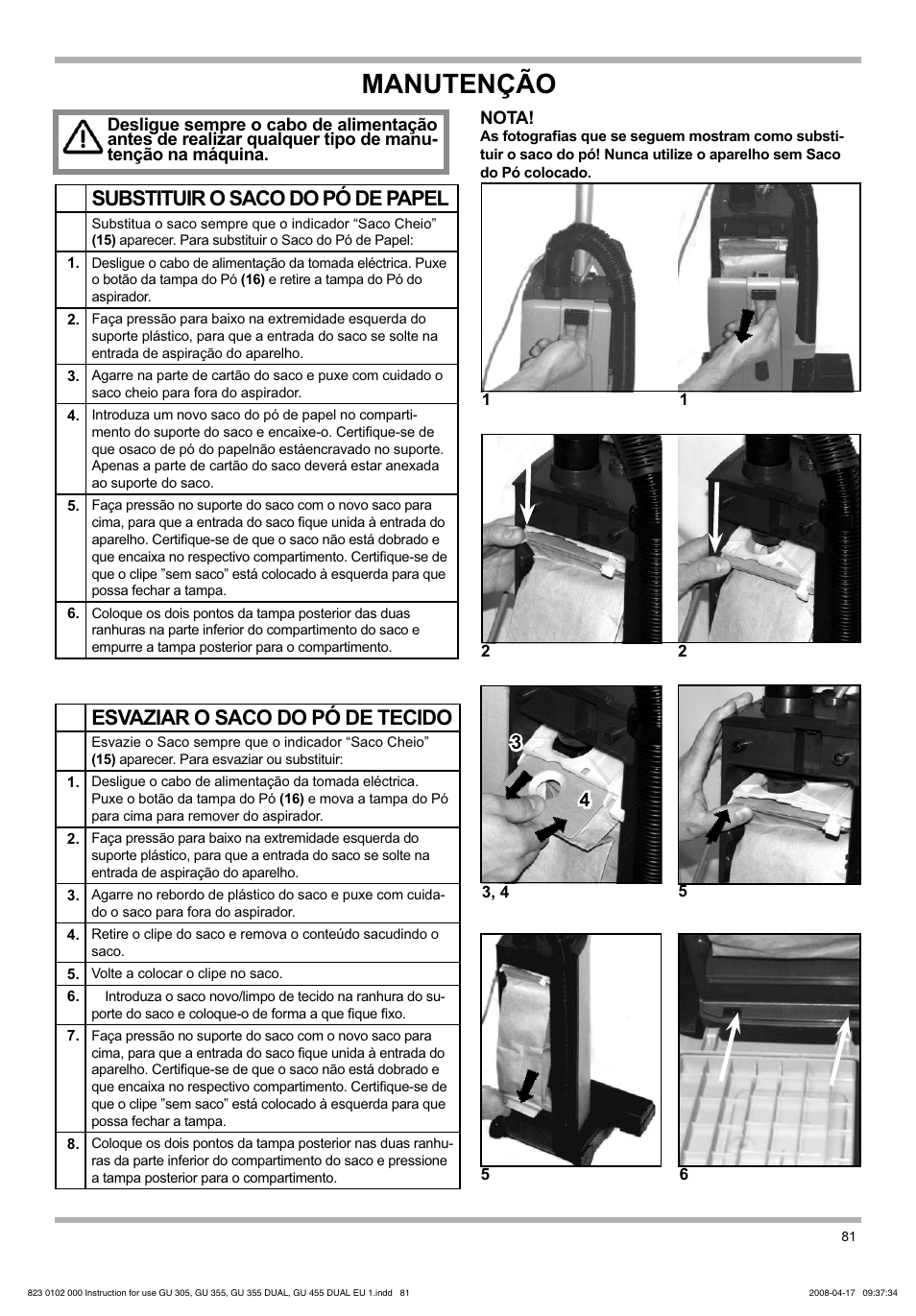 Manutenção, Substituir o saco do pó de papel, Esvaziar o saco do pó de tecido | Nilfisk-Advance America GU 15 SMU User Manual | Page 81 / 92