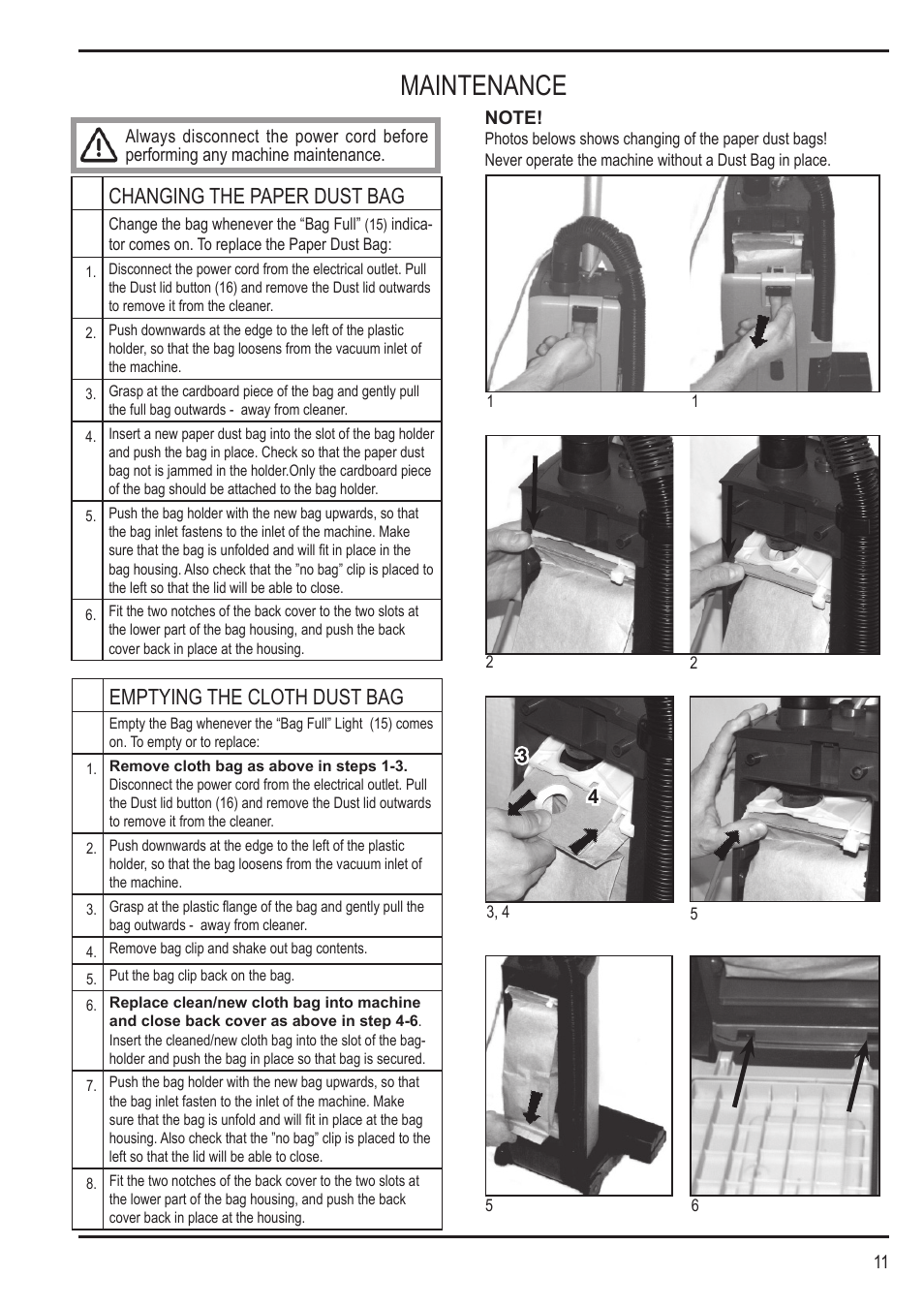 Maintenance, Changing the paper dust bag, Emptying the cloth dust bag | Nilfisk-Advance America SPECTRUM 12H User Manual | Page 11 / 36