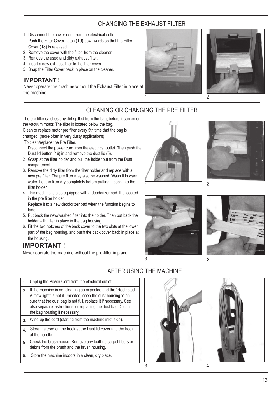 Important, Changing the exhaust filter | Nilfisk-Advance America SPECTRUM 12H User Manual | Page 13 / 36