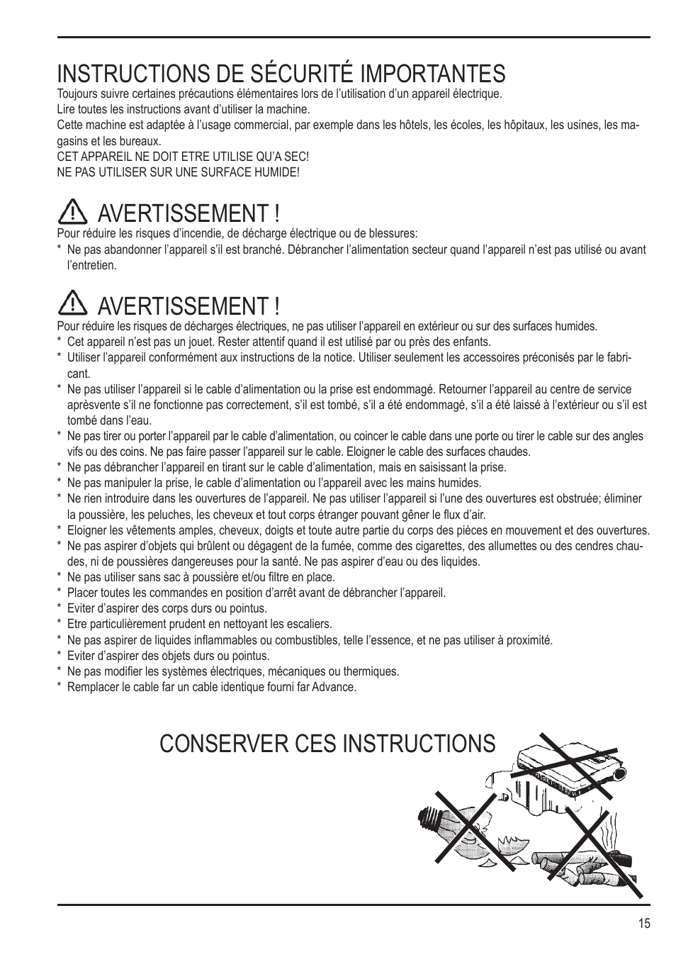 Instructions de sécurité importantes, Avertissement, Conserver ces instructions | Nilfisk-Advance America SPECTRUM 12H User Manual | Page 15 / 36