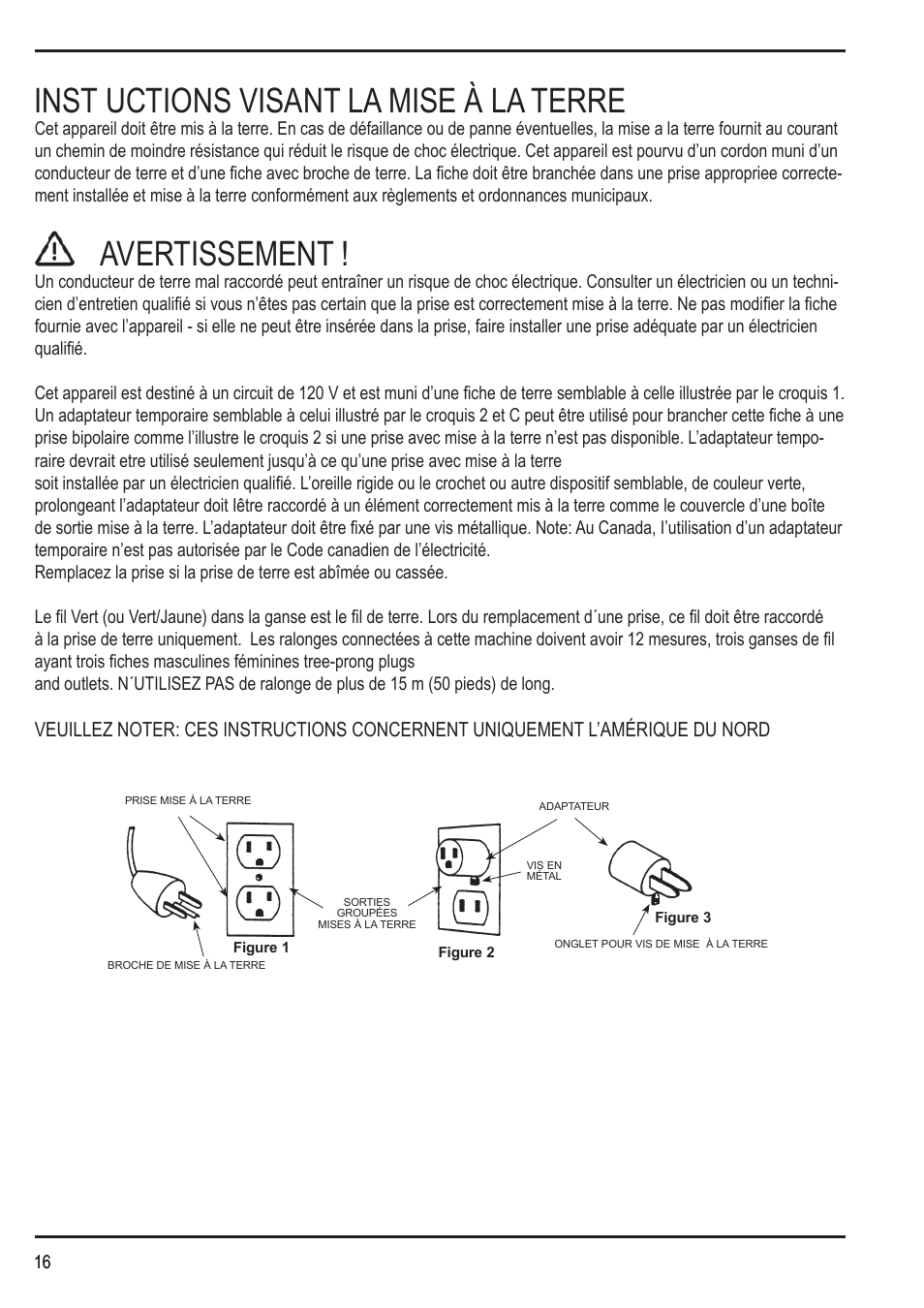 Inst uctions visant la mise à la terre, Avertissement | Nilfisk-Advance America SPECTRUM 12H User Manual | Page 16 / 36