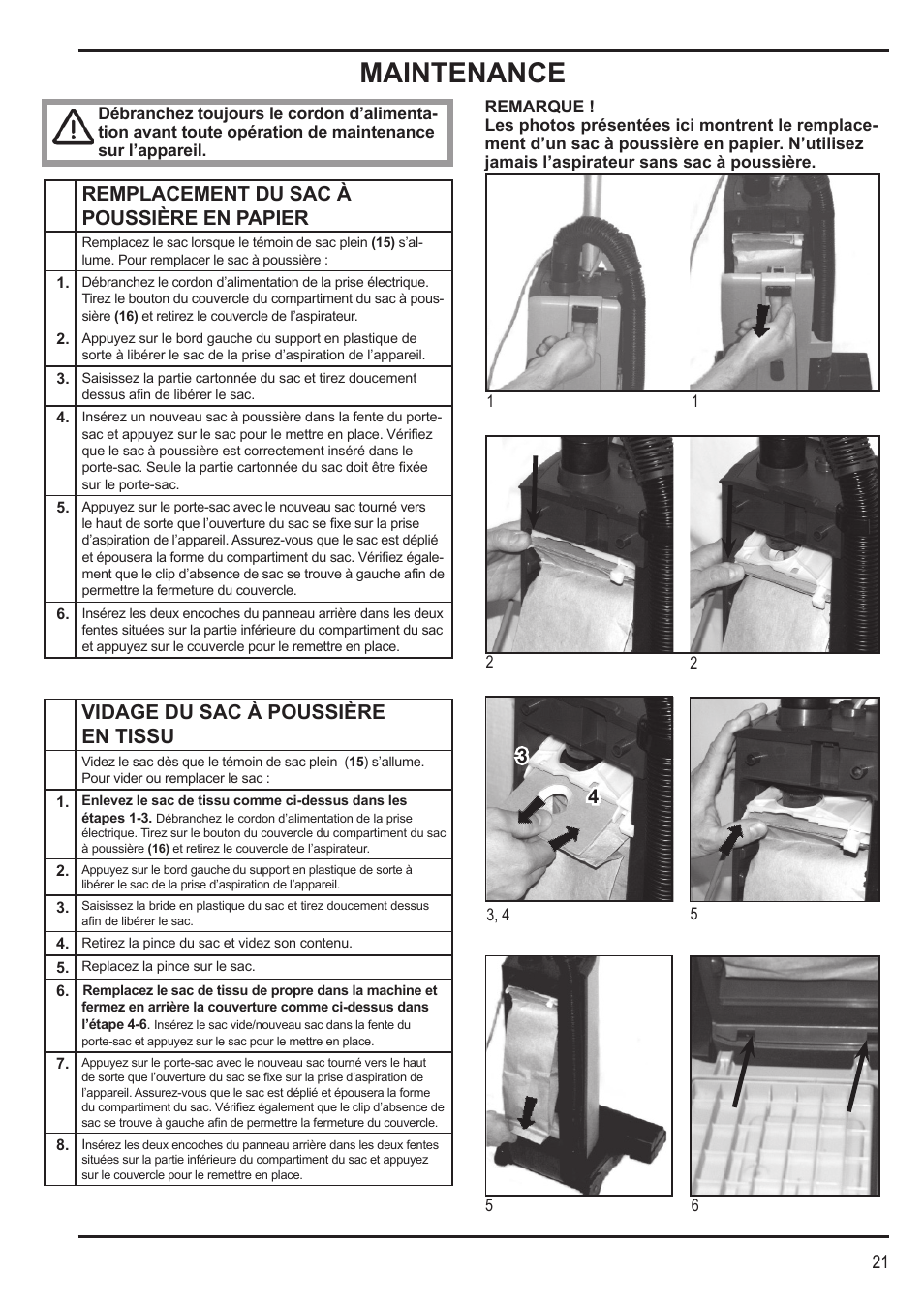 Maintenance, 33 44 remplacement du sac à poussière en papier, Vidage du sac à poussière en tissu | Nilfisk-Advance America SPECTRUM 12H User Manual | Page 21 / 36