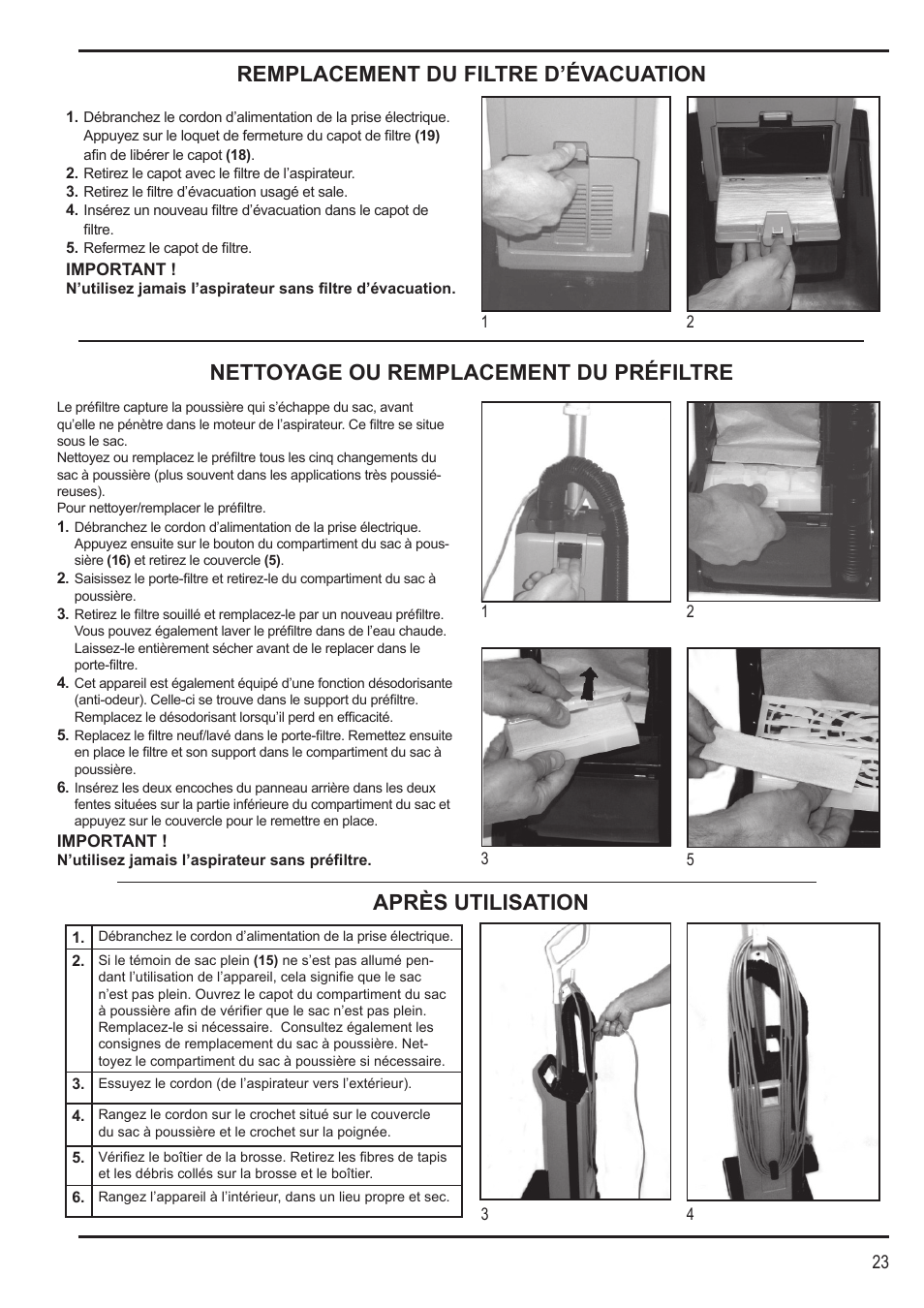 Remplacement du filtre d’évacuation | Nilfisk-Advance America SPECTRUM 12H User Manual | Page 23 / 36