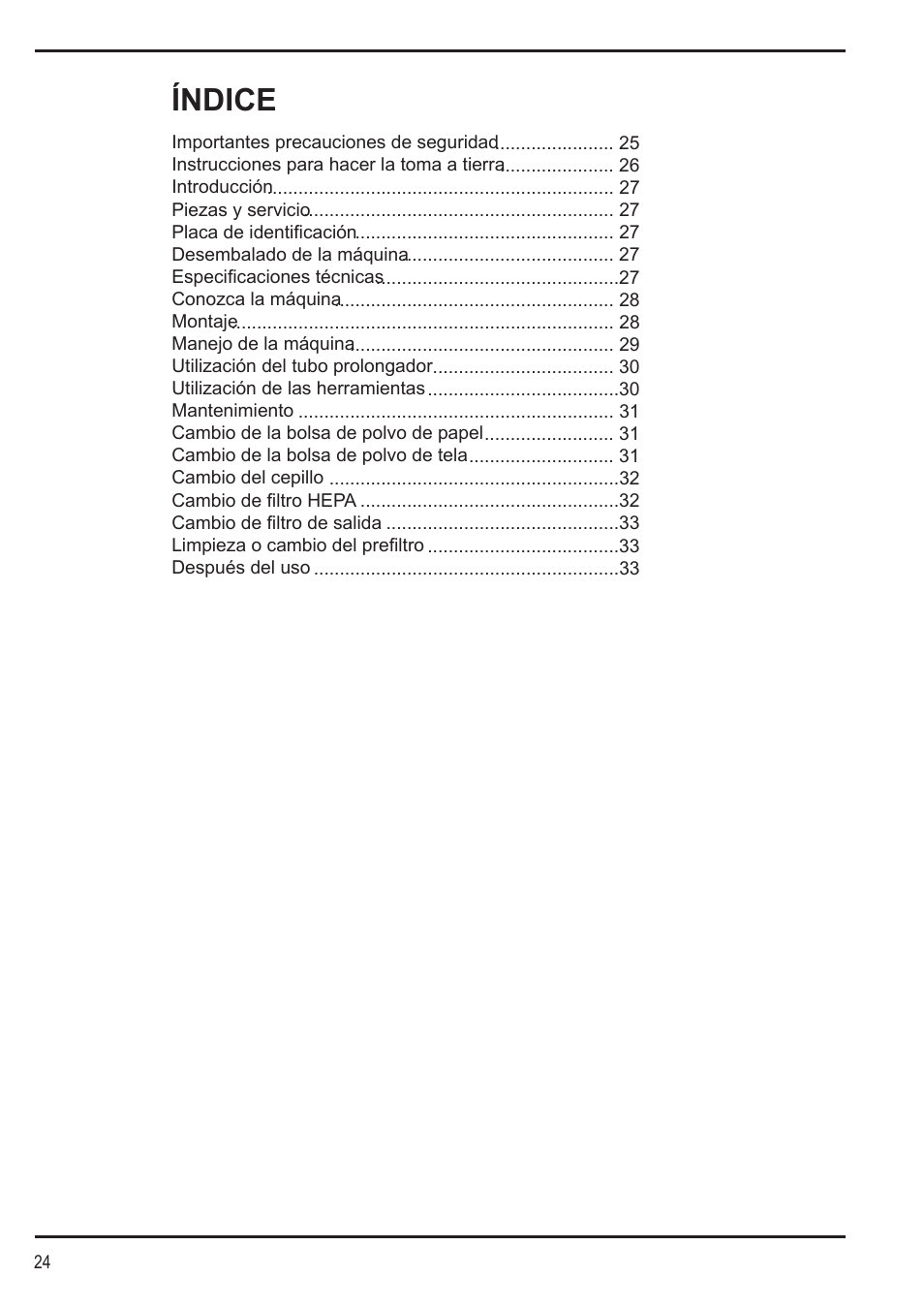 Índice | Nilfisk-Advance America SPECTRUM 12H User Manual | Page 24 / 36