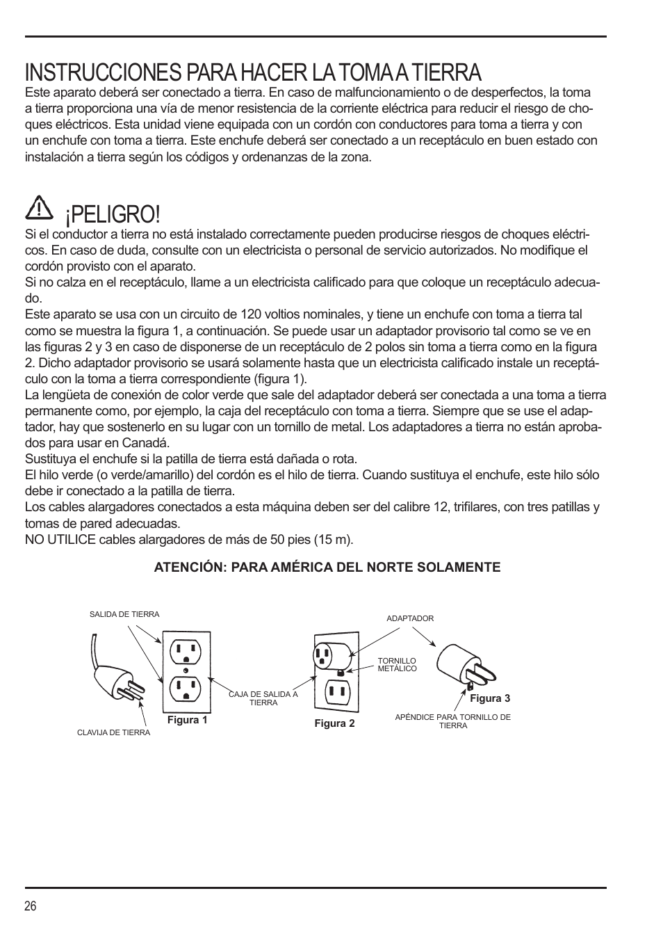 Instrucciones para hacer la toma a tierra, Peligro | Nilfisk-Advance America SPECTRUM 12H User Manual | Page 26 / 36