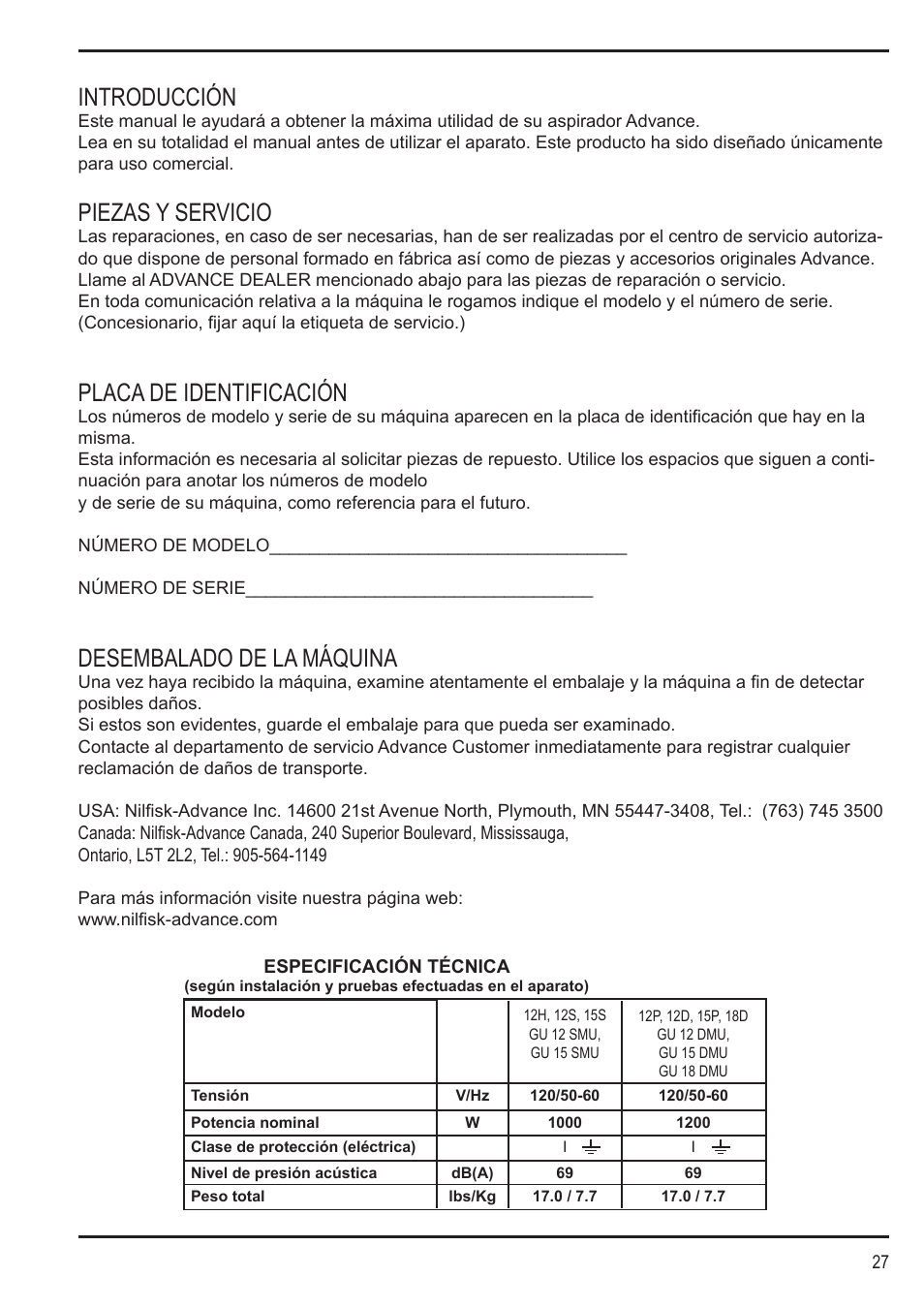 Introducción, Piezas y servicio, Placa de identificación | Desembalado de la máquina | Nilfisk-Advance America SPECTRUM 12H User Manual | Page 27 / 36