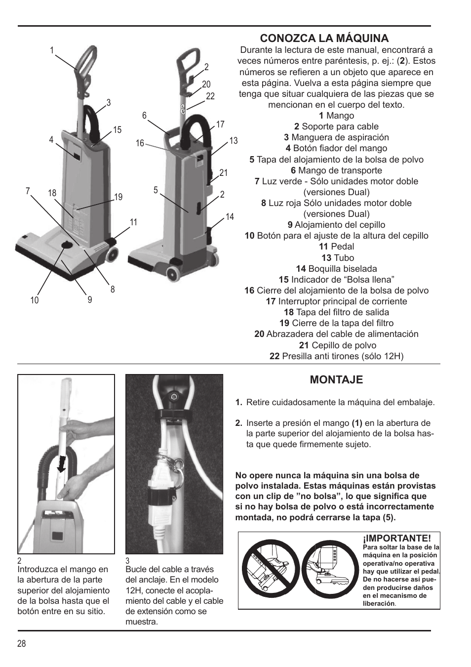 Conozca la máquina, Montaje | Nilfisk-Advance America SPECTRUM 12H User Manual | Page 28 / 36