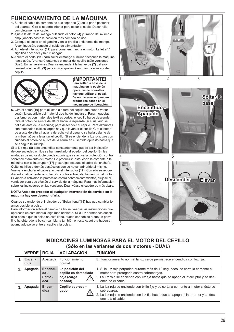 Funcionamiento de la máquina, Descender, Soltar la soltar la base base | Importante, Sólo en las variantes de dos motores - dual) | Nilfisk-Advance America SPECTRUM 12H User Manual | Page 29 / 36