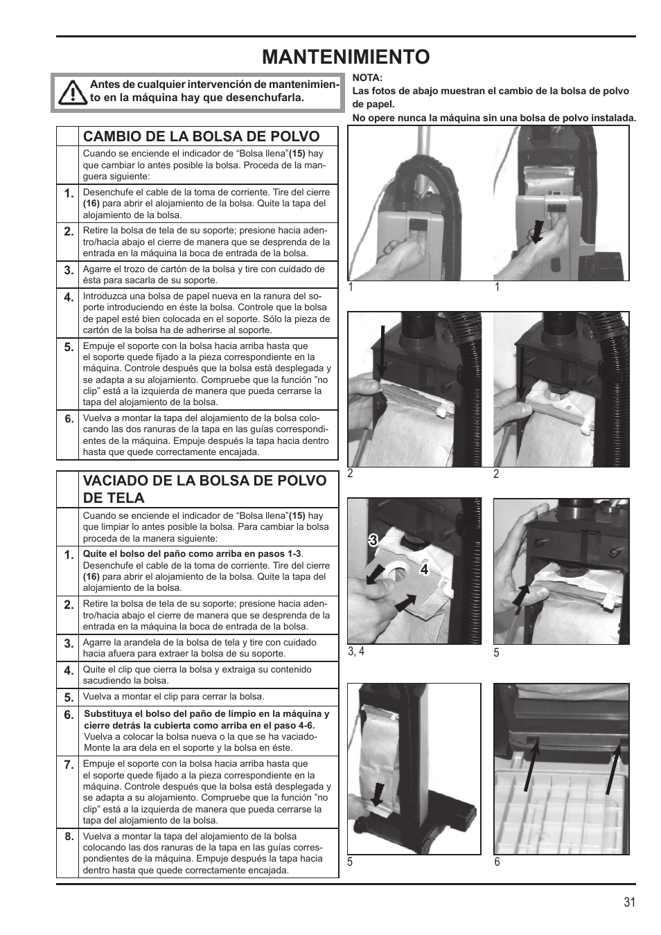 Mantenimiento, 33 44 cambio de la bolsa de polvo, Vaciado de la bolsa de polvo de tela | Nilfisk-Advance America SPECTRUM 12H User Manual | Page 31 / 36