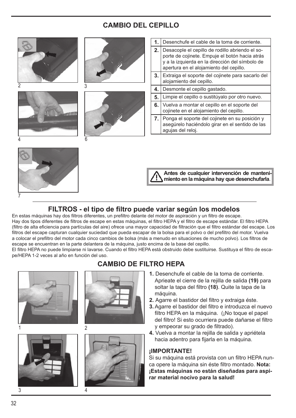 Cambio de filtro hepa, Cambio del cepillo | Nilfisk-Advance America SPECTRUM 12H User Manual | Page 32 / 36