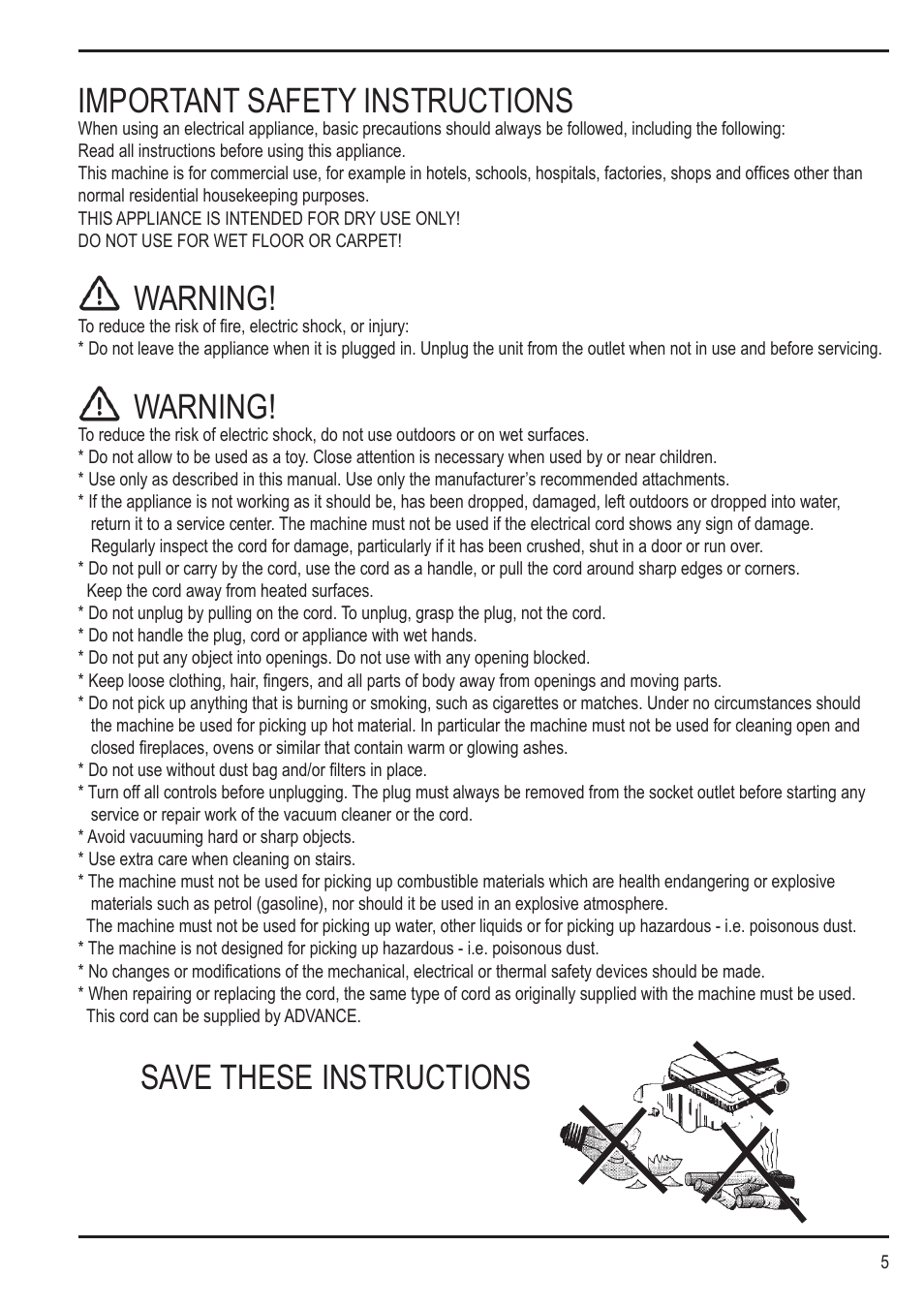 Important safety instructions, Warning, Save these instructions | Nilfisk-Advance America SPECTRUM 12H User Manual | Page 5 / 36