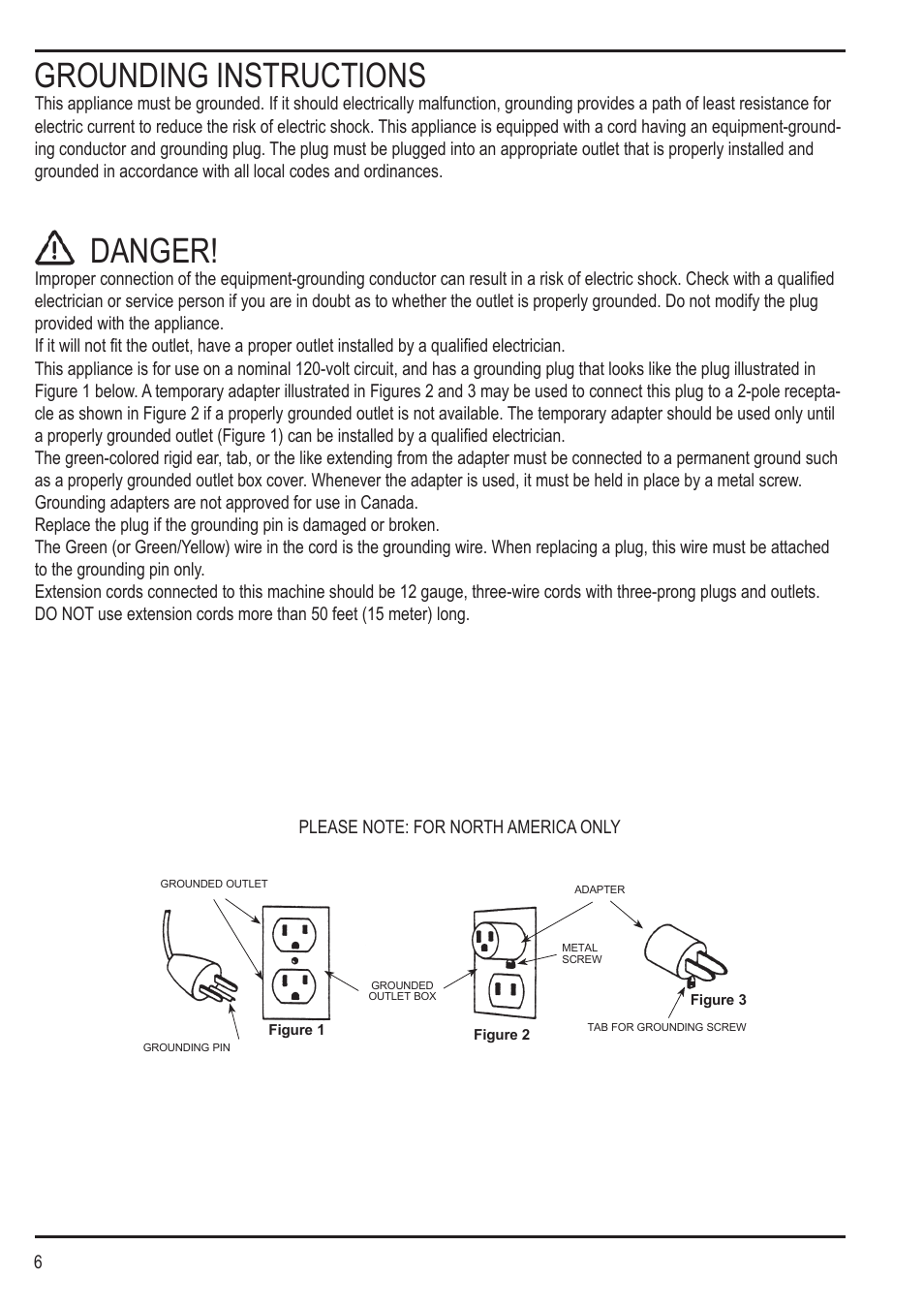 Grounding instructions, Danger | Nilfisk-Advance America SPECTRUM 12H User Manual | Page 6 / 36