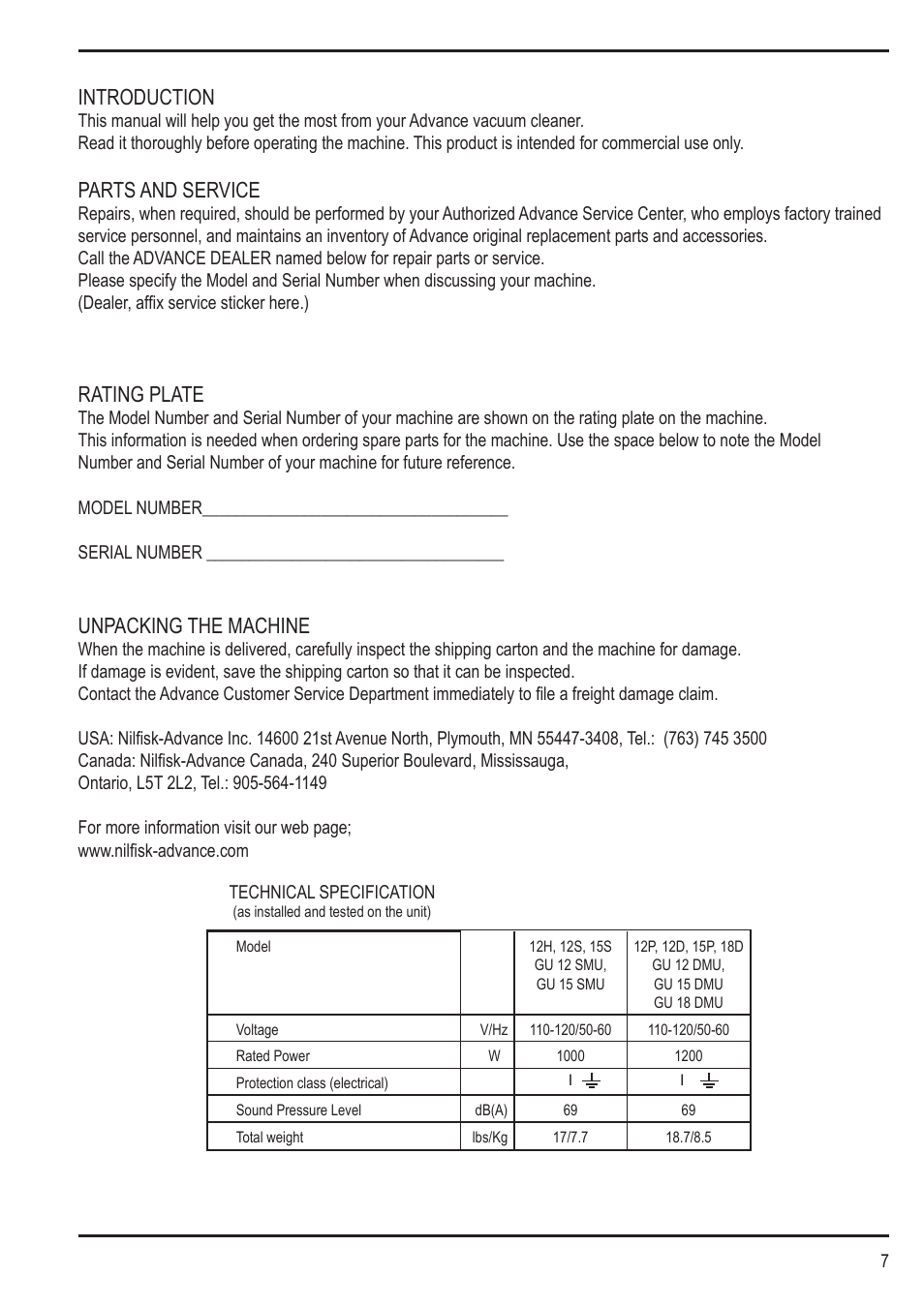 Introduction, Parts and service, Rating plate | Unpacking the machine | Nilfisk-Advance America SPECTRUM 12H User Manual | Page 7 / 36