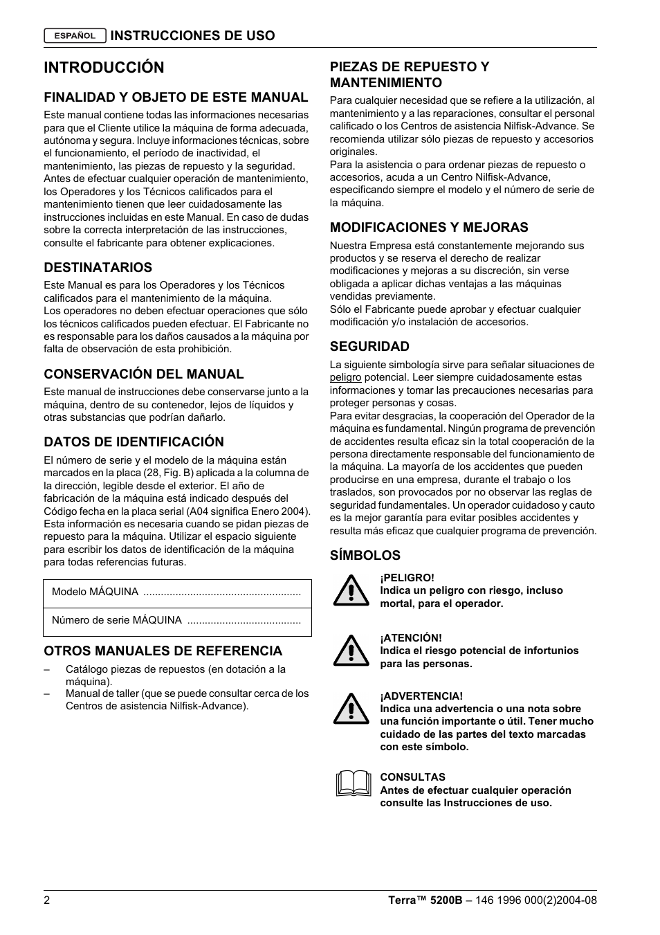 Introducción | Nilfisk-Advance America Terra 5200B User Manual | Page 20 / 70