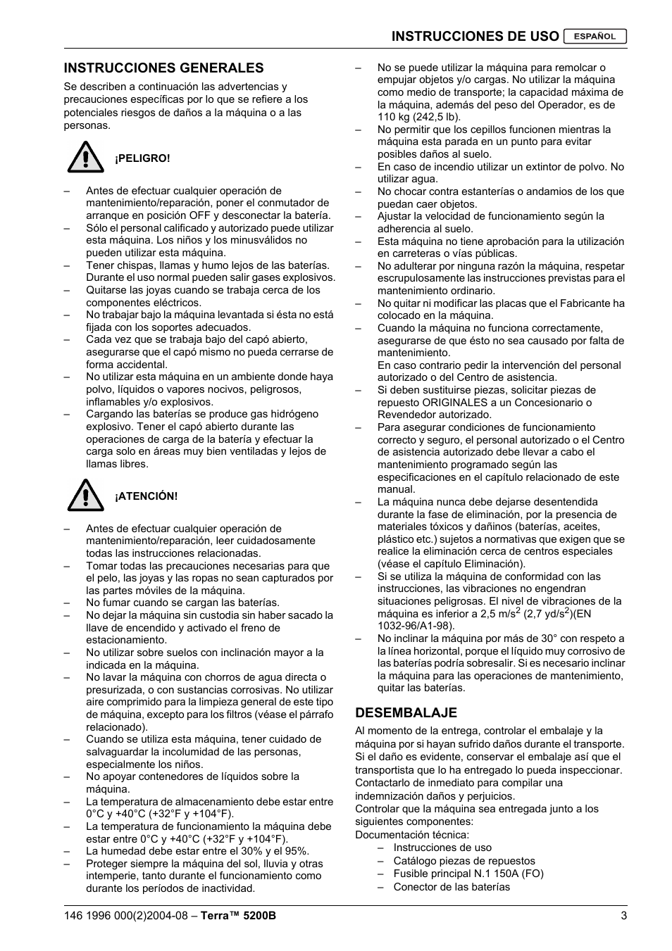 Instrucciones de uso, Instrucciones generales, Desembalaje | Nilfisk-Advance America Terra 5200B User Manual | Page 21 / 70
