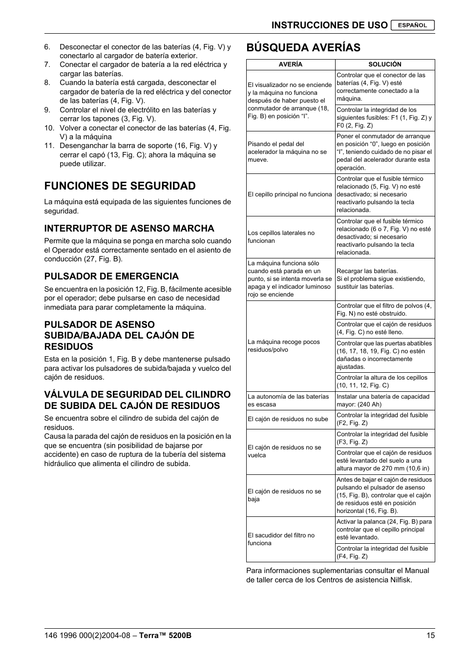 Funciones de seguridad, Búsqueda averías, Instrucciones de uso | Interruptor de asenso marcha, Pulsador de emergencia | Nilfisk-Advance America Terra 5200B User Manual | Page 33 / 70