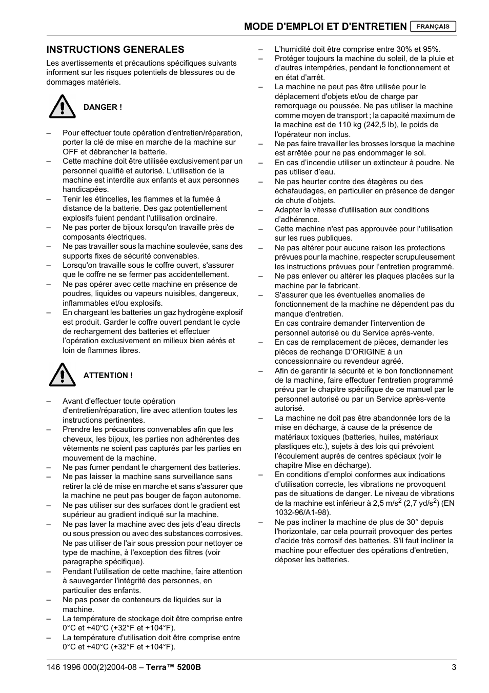 Mode d'emploi et d'entretien, Instructions generales | Nilfisk-Advance America Terra 5200B User Manual | Page 37 / 70
