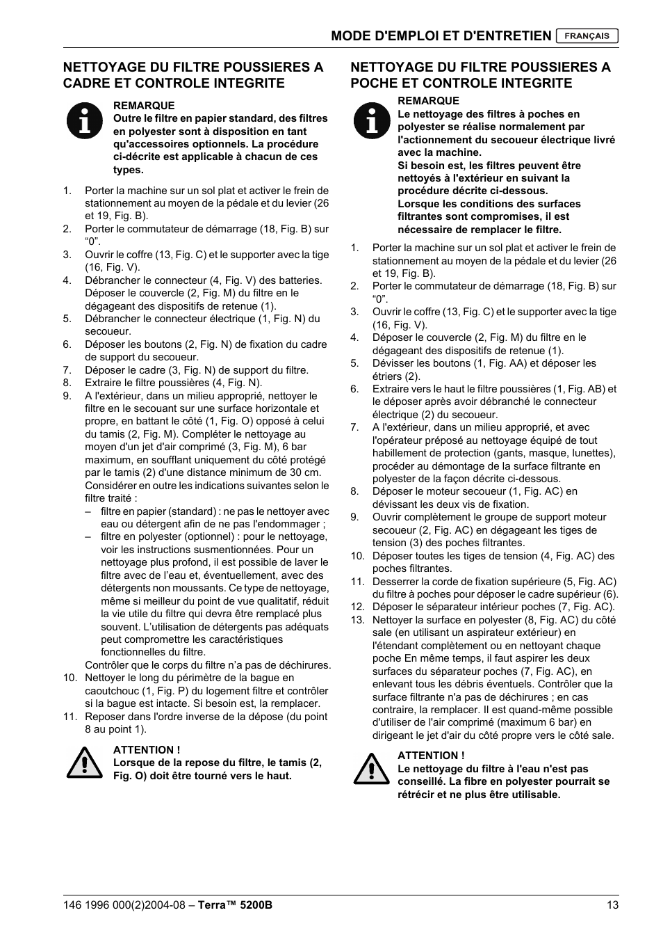Mode d'emploi et d'entretien | Nilfisk-Advance America Terra 5200B User Manual | Page 47 / 70