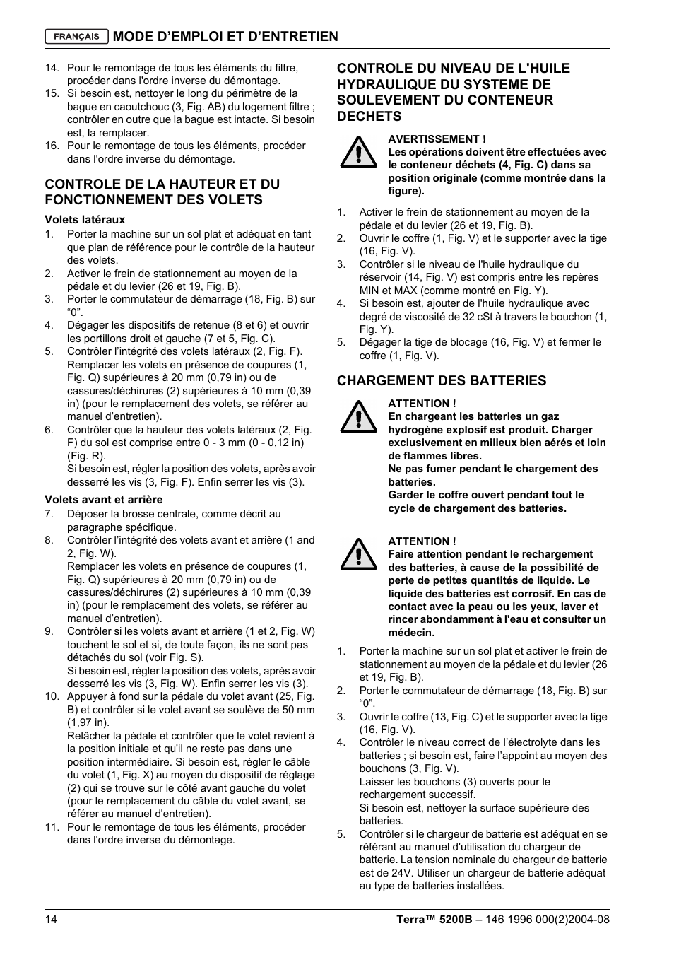 Mode d’emploi et d’entretien, Chargement des batteries | Nilfisk-Advance America Terra 5200B User Manual | Page 48 / 70