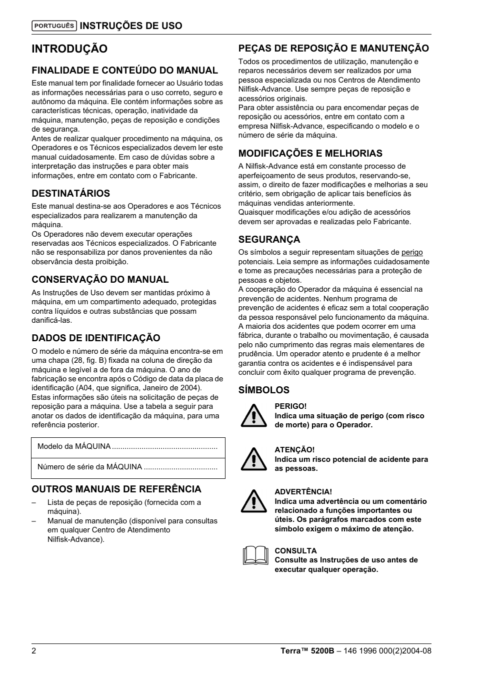 Introdução | Nilfisk-Advance America Terra 5200B User Manual | Page 52 / 70