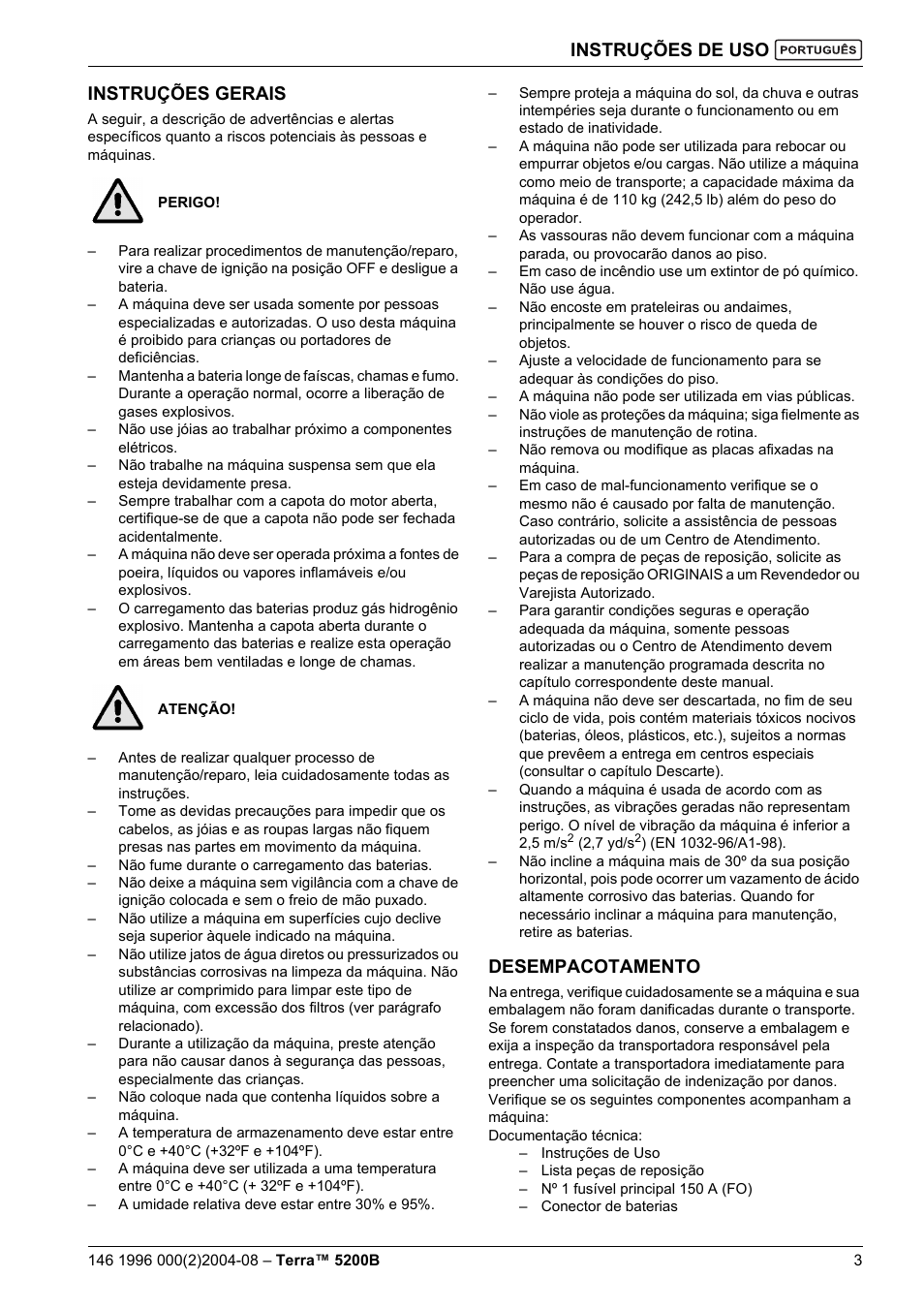 Instruções de uso, Instruções gerais, Desempacotamento | Nilfisk-Advance America Terra 5200B User Manual | Page 53 / 70