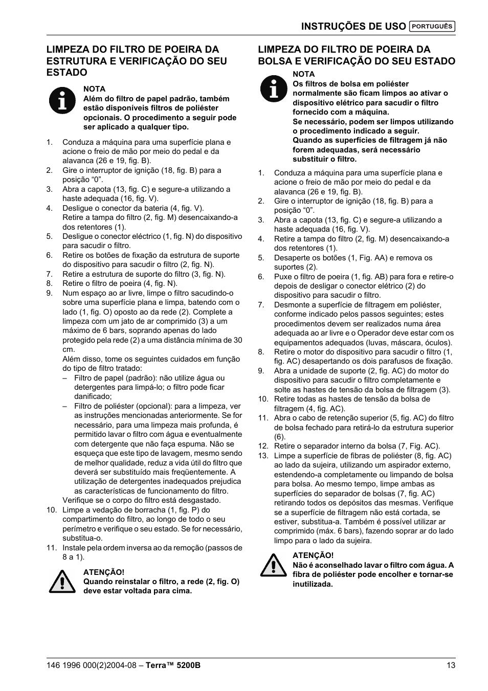 Instruções de uso | Nilfisk-Advance America Terra 5200B User Manual | Page 63 / 70