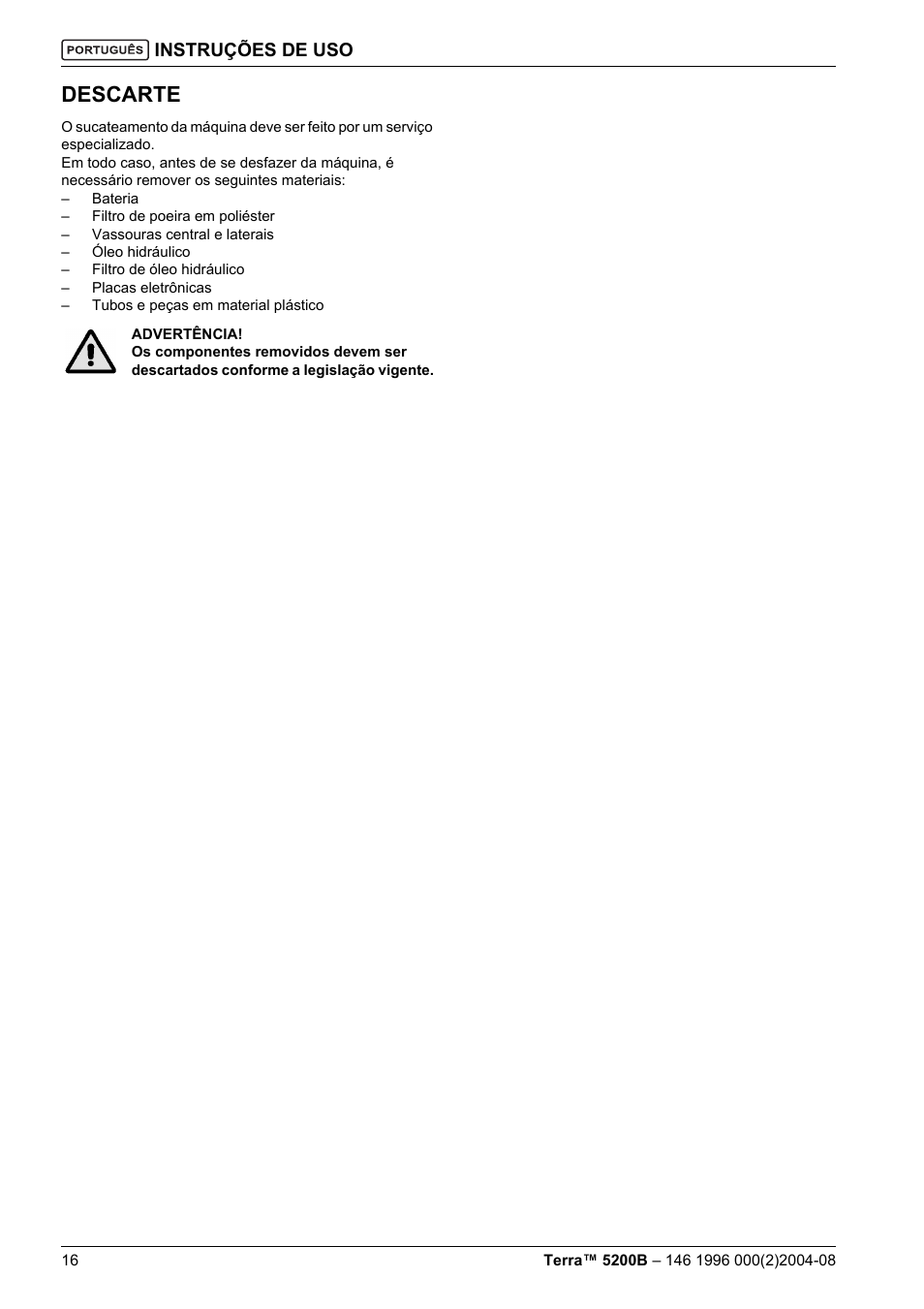Descarte | Nilfisk-Advance America Terra 5200B User Manual | Page 66 / 70