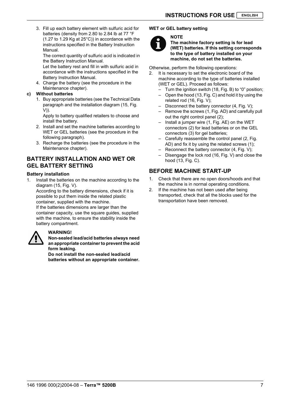 Instructions for use, Before machine start-up | Nilfisk-Advance America Terra 5200B User Manual | Page 9 / 70