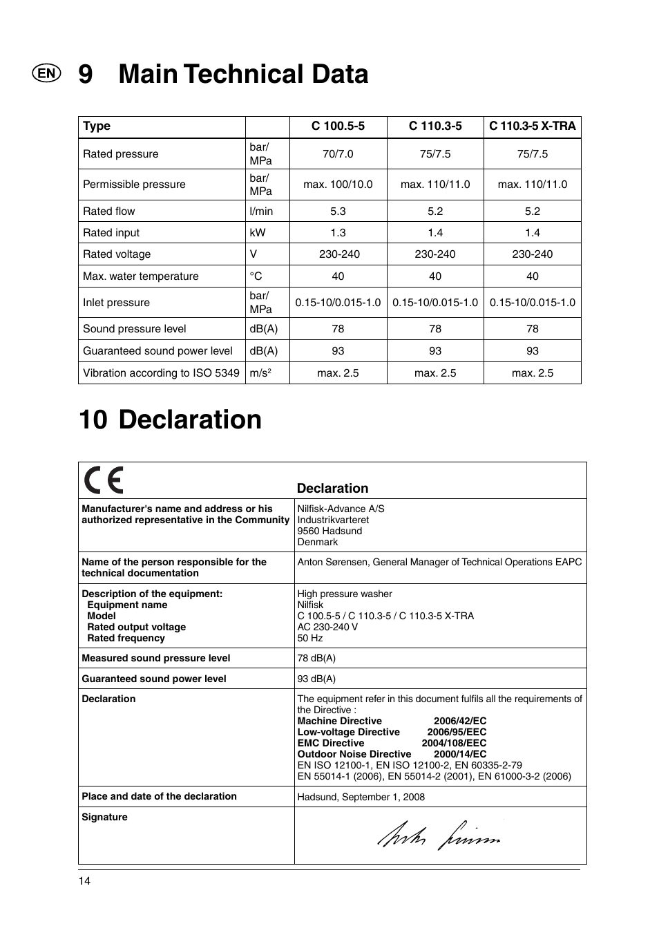 9 main technical data, 10 declaration | Nilfisk-Advance America C 100.5 User Manual | Page 13 / 16