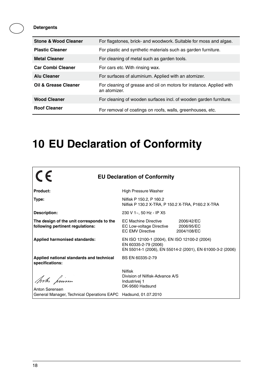 10 eu declaration of conformity, Eu declaration of conformity | Nilfisk-Advance America P 130.2 User Manual | Page 18 / 20