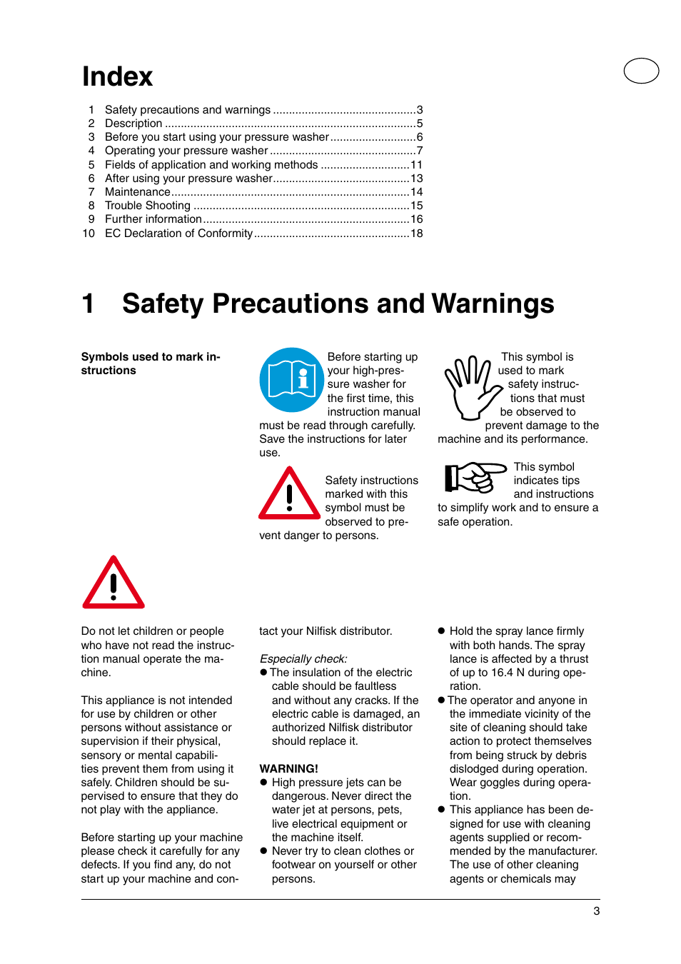 Index, 1 safety precautions and warnings | Nilfisk-Advance America P 130.2 User Manual | Page 3 / 20