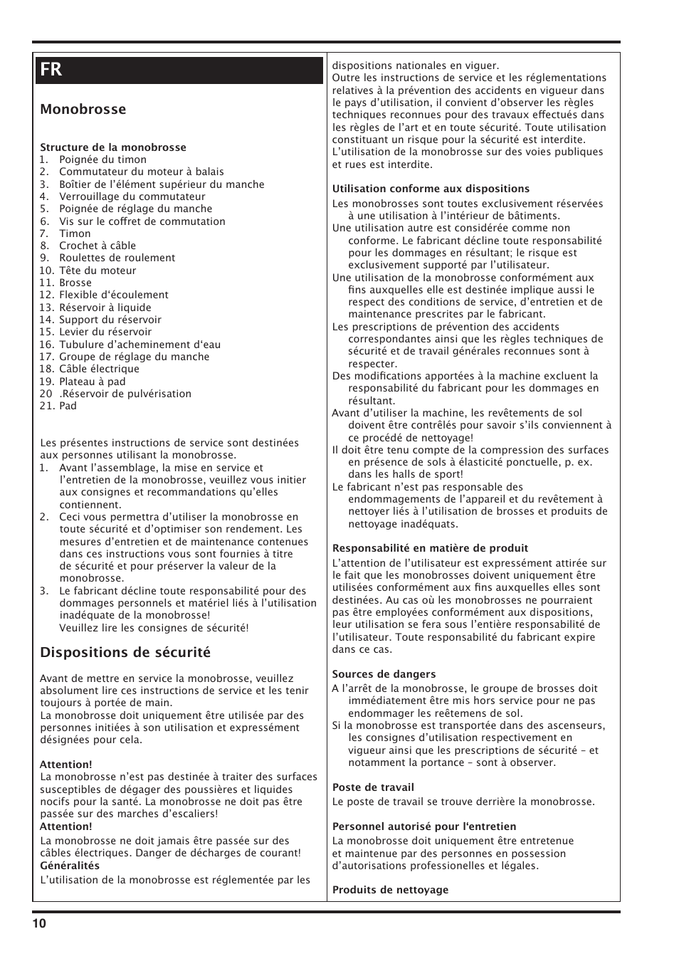 Monobrosse, Dispositions de sécurité | Nilfisk-Advance America SD 43-400 User Manual | Page 10 / 70