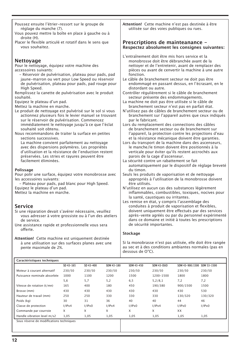 Nettoyage, Service, Prescriptions de mainteanance | Nilfisk-Advance America SD 43-400 User Manual | Page 12 / 70