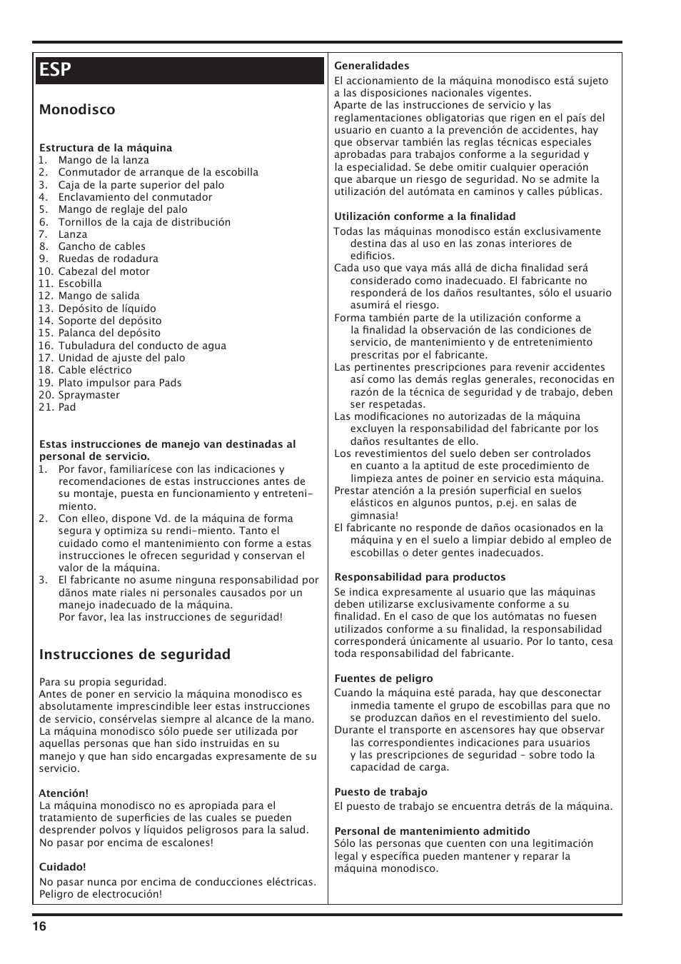 Monodisco, Instrucciones de seguridad | Nilfisk-Advance America SD 43-400 User Manual | Page 16 / 70