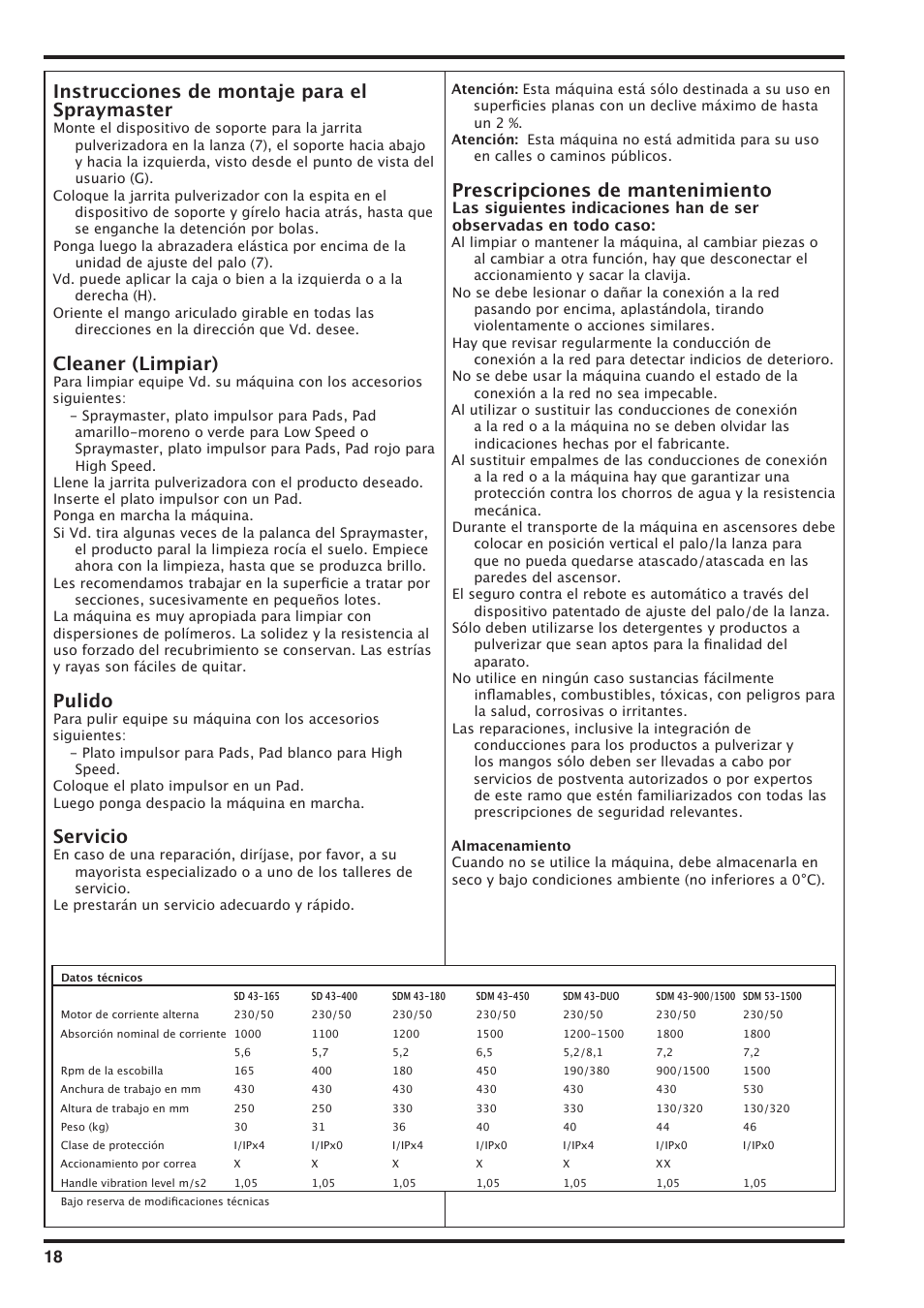 Instrucciones de montaje para el spraymaster, Cleaner (limpiar), Pulido | Servicio, Prescripciones de mantenimiento | Nilfisk-Advance America SD 43-400 User Manual | Page 18 / 70