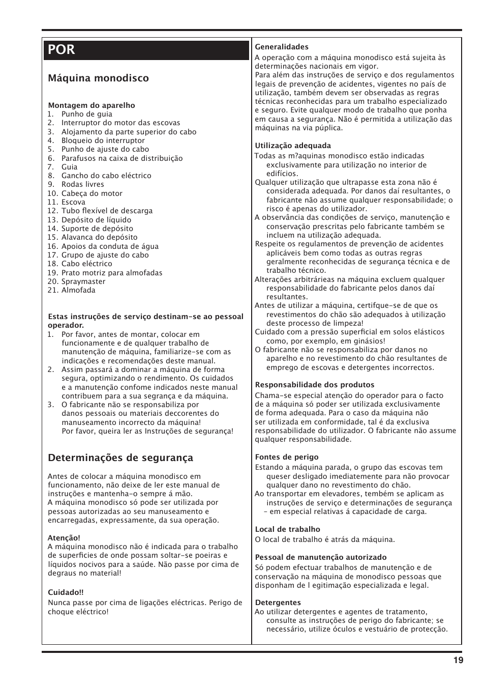 Máquina monodisco, Determinações de segurança | Nilfisk-Advance America SD 43-400 User Manual | Page 19 / 70