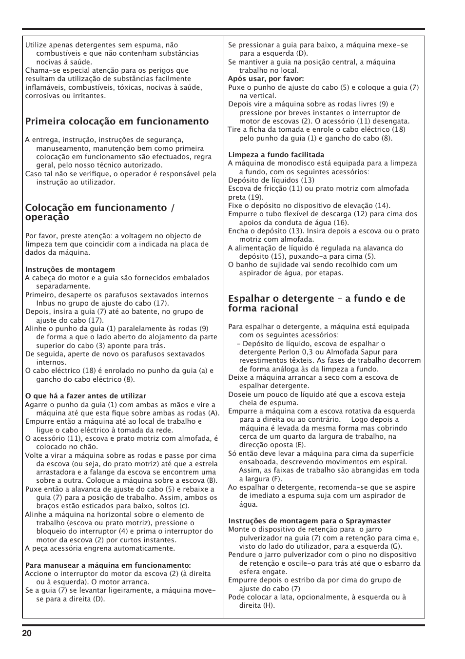 Primeira colocação em funcionamento, Colocação em funcionamento / operação | Nilfisk-Advance America SD 43-400 User Manual | Page 20 / 70