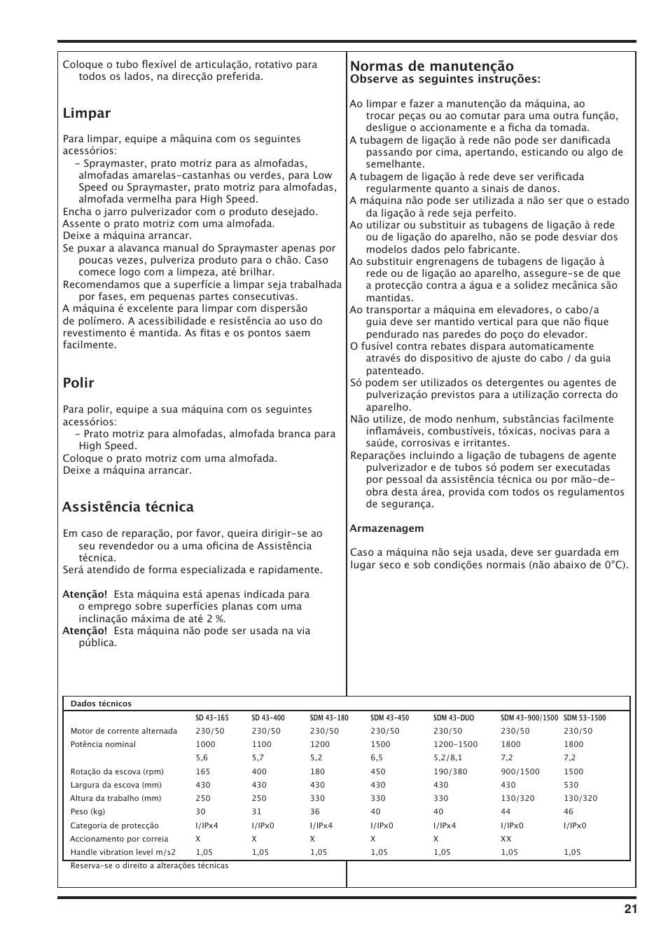 Limpar, Polir, Assistência técnica | Normas de manutenção, Observe as seguintes instruções | Nilfisk-Advance America SD 43-400 User Manual | Page 21 / 70