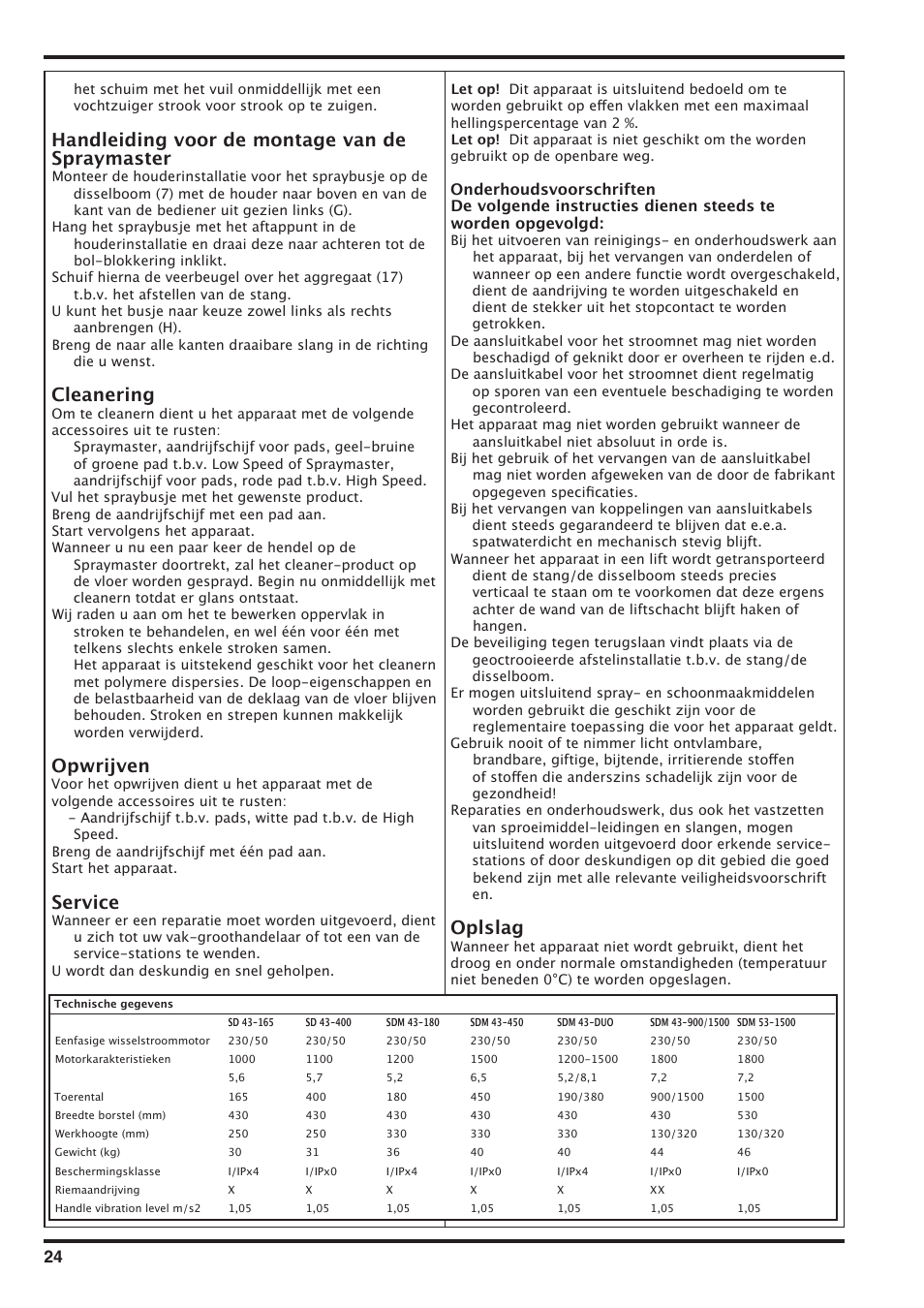 Handleiding voor de montage van de spraymaster, Cleanering, Opwrijven | Service, Oplslag | Nilfisk-Advance America SD 43-400 User Manual | Page 24 / 70