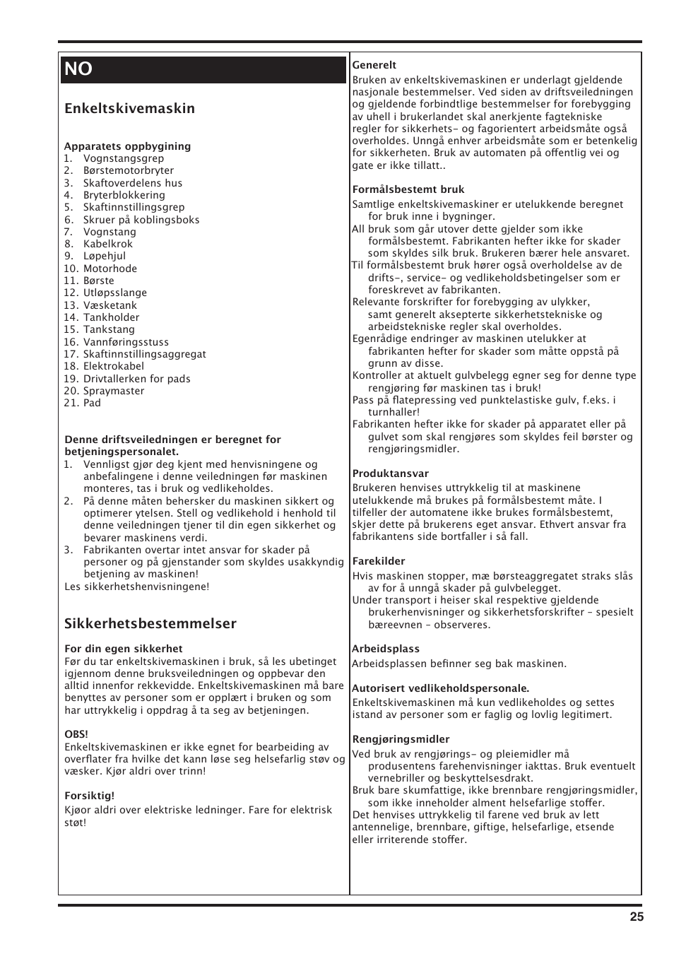 Enkeltskivemaskin, Sikkerhetsbestemmelser | Nilfisk-Advance America SD 43-400 User Manual | Page 25 / 70