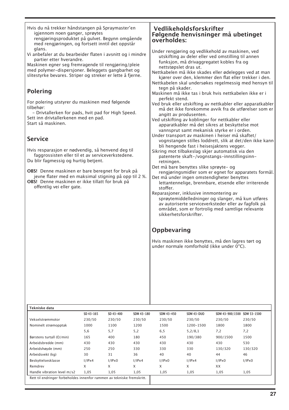 Polering, Service, Oppbevaring | Nilfisk-Advance America SD 43-400 User Manual | Page 27 / 70