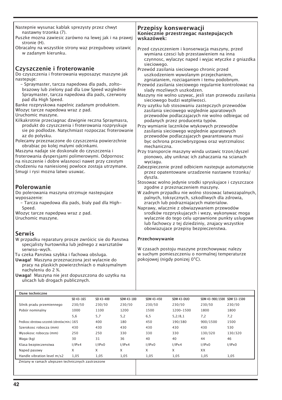 Czyszczenie i froterowanie, Polerowanie, Serwis | Przepisy konswerwacji | Nilfisk-Advance America SD 43-400 User Manual | Page 42 / 70