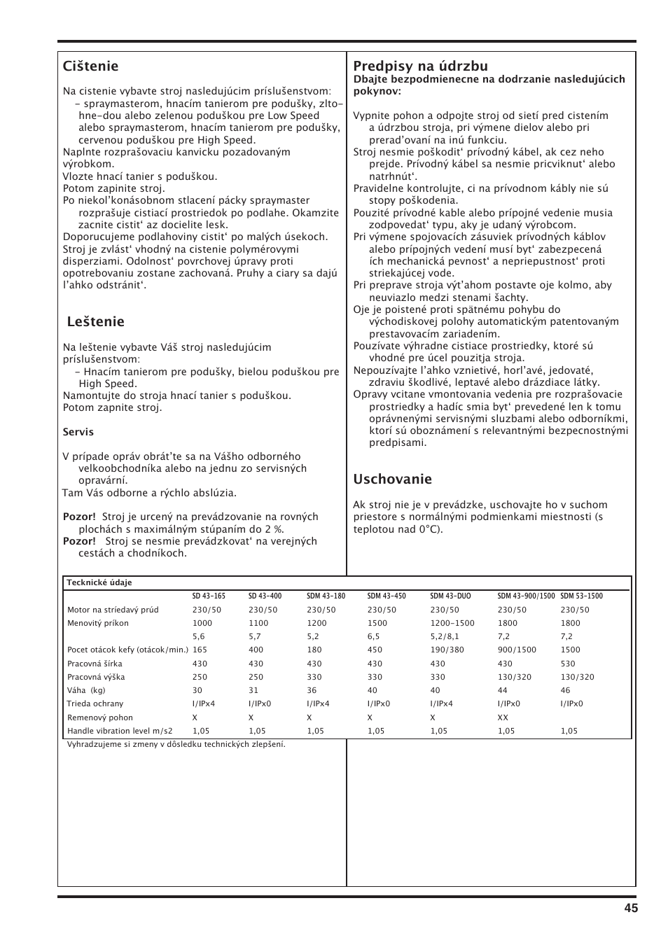 Cištenie, Leštenie, Predpisy na údrzbu | Uschovanie | Nilfisk-Advance America SD 43-400 User Manual | Page 45 / 70