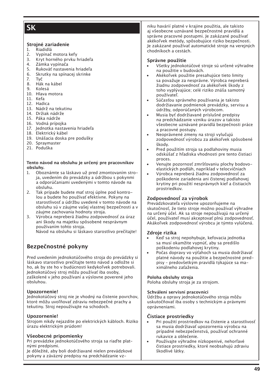 Bezpečnostné pokyny | Nilfisk-Advance America SD 43-400 User Manual | Page 49 / 70