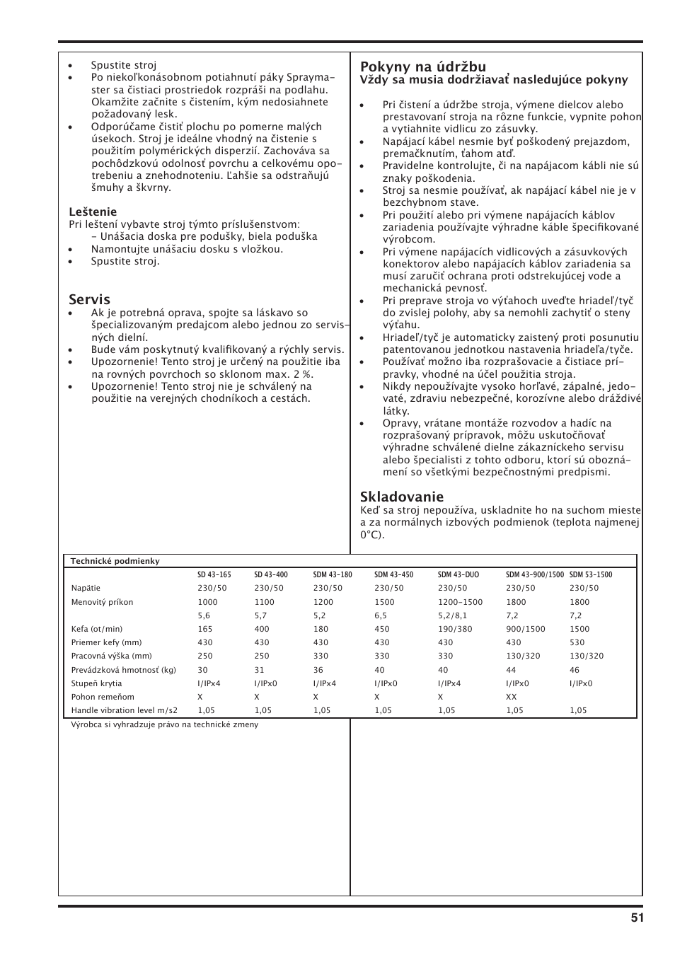 Servis, Pokyny na údržbu, Skladovanie | Nilfisk-Advance America SD 43-400 User Manual | Page 51 / 70