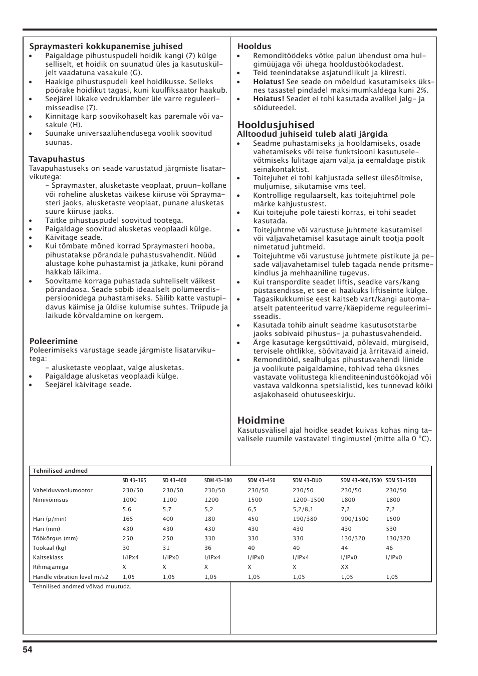 Hooldusjuhised, Hoidmine | Nilfisk-Advance America SD 43-400 User Manual | Page 54 / 70