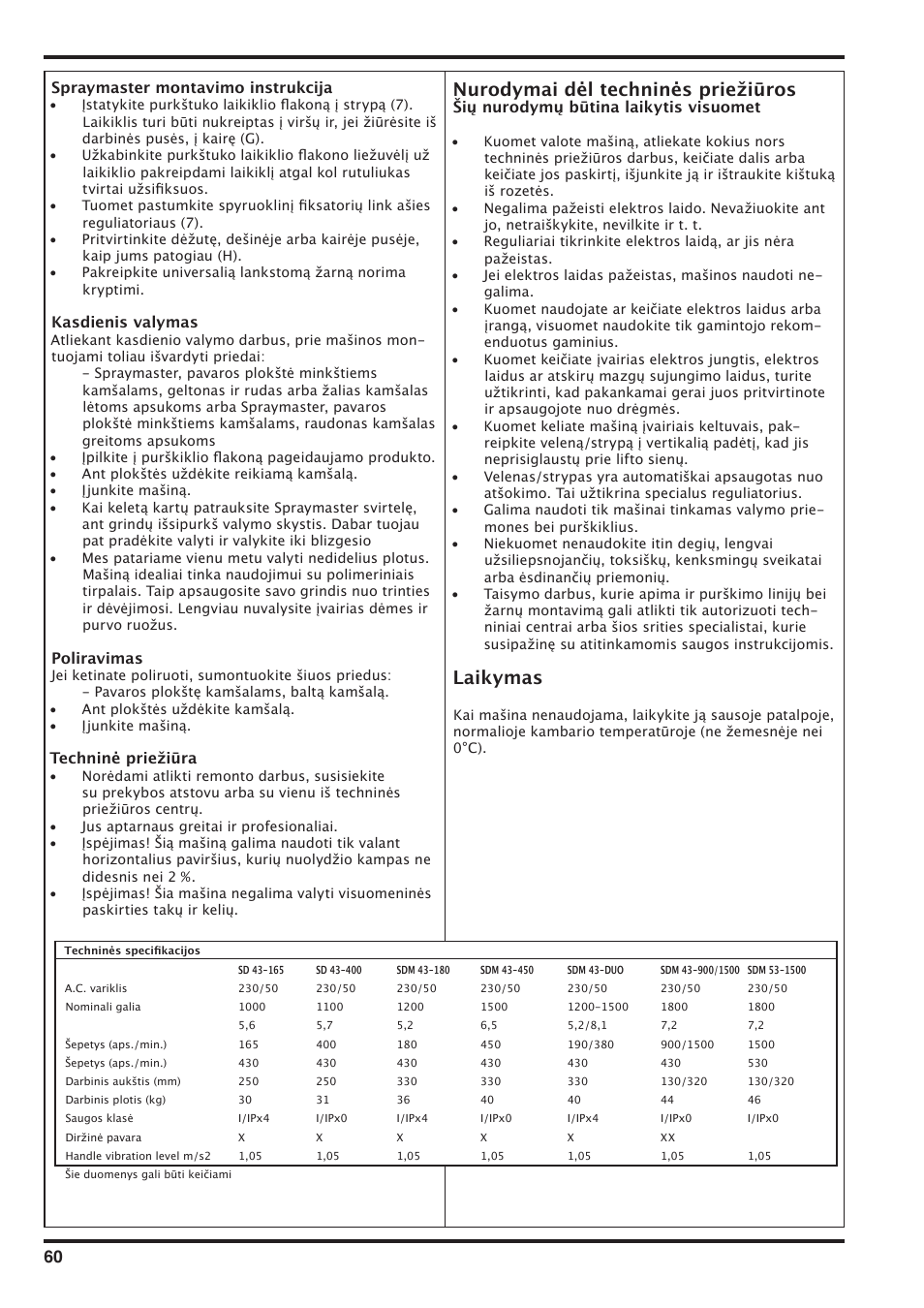 Nurodymai dėl techninės priežiūros, Laikymas | Nilfisk-Advance America SD 43-400 User Manual | Page 60 / 70